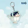 Anime Genshin Etkisi Sevimli Çay Fincanı Kedi Şekli Zhongli Diluc Venti Erkek Karakter Anahtarlık Taban Akrilik Fanlar için Anahtarlık Hediye Standları G1019