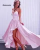 Атласные спагетти ремни выпускные платья V v Nece Розовое вечернее платье асимметричное одеяло