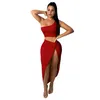 Kvinnors uppsättningar sommar sexig en axel topp solid färg split pläterad kjol casual lös tvådelad kostym kvinnlig LR1268 210531