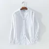 男性のための綿のリネンカジュアルシャツのためのベーシックな古典的な白いシャツ秋の男性長袖スタンドカラー通気性の男性の服210628