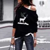 Merry Christmas Autumn T-shirt Women Tops Casual Xmas Tree Elk Print Skew Collar Long Sleeve Loose Tshirt Ladies Plus Size S-3XL 210526