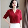 Korean Silk Women Blouses Satin Blouse Tops Elegant Woman V-neck Short-Sleeve Shirts Plus Size Blusas Mujer De Moda 210531
