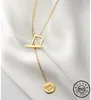 925 Sterling Silver Letter Round Pendant Sweater Chain Necklace Gold Color Plated Geometric Shape Necklaces Jewelry for Women Q0531