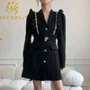 Vestidos de mujer informales de diamantes de retazos negros de pasarela 2021 Mini vestido de cintura fruncida de manga larga con muescas 2021 moda nueva Y1204
