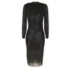 Kvinnor Långärmad Sequin Bodycon Dress Tassels Evening Party Vestidos Sexiga Ladies Formal Classy Midi Dresses 210702