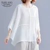 Summer Plus Size Vintage Linen Cotton Short Sleeve Blouse Women Literary Stitching Solid Color Bat Sleeve Lady Tops 8906 50 210527