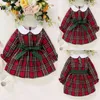 Christmas Toddler Baby Girls Matching Sister Clothes Plaid Long Sleeve Dress Bandage Party Dress Birthday Bowknot Princess Dress G1129