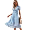 Kadın Şifon Uzun Elbise Çiçek Baskılı Kısa Kollu A-Line Maxi Vestidos Yaz Zarif Vintage V Boyun Fırfır Plaj Elbiseler 210526