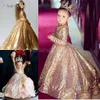 2022 Gold Pailletten Kleinkind Ballkleider Mädchen Festzug Kleider Juwel Lange Ärmel Formelle Kinder Partykleid Blumenmädchenkleider für Hochzeiten BA6822 2022