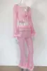 Pink Mesh Tracksuit Women Cute Faxu Fur passar Two Piece Sexy Tie Up Mesh Crop Top och Flare Pants Set Party Outfits T200528