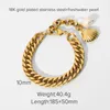 Link Chain Stainless Steel Freshwater Pearl Shell Pendant Bracelet 18k Gold Plated 10mm Wide Double Cuban Chunky Women Men