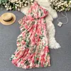 Neploe Summer Holiday Bohemian Print Long Dress Women High Waist Hip A Line Vestidos Slash Neck Shoulder Strapless Robe Slim 210630