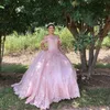 2021 Rose Sexy Quinceanera Robes Jewel Neck Off Épaule Dentelle Appliques Perles De Cristal Robe De Bal Manches Courtes Volants Plus Taille Sweet 16 Party Prom Robes De Soirée