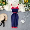 2021 New design women's fashion sexy color block spaghetti strap single breasted knitted pencil tank dress249s