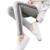 Women's Leggings LJCUIYAO Women Legging Knee-length Fashion Patchwork Stripe Knitted Fitness Black Workout Pant Plus Size