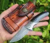 High End Flipper Fodling Kniv VG10 Damascus Stålblad Drop Point Blade Natural Ebony + Steels Head Handle Ball Bearing Pocket Knives med lädermantel