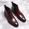 Bottes Chelsea en cuir véritable noir bordeaux pour hommes bottes Brogues à bout d'aile rétro chaussures habillées en caoutchouc bottes de Cowboy homme italien