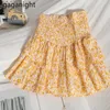 Retro Floral Print Women Mini Short Skirt Streetwear Ruffled A-line Pleated Skirts Female Summer Beach 210601