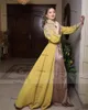 Marokkanisches Kaftan-Arabien-Abendkleid, gelbes Satin, Goldstickerei, algerisches Dubai, Meerjungfrau, Abschlussball, formelle Kleider, Langarm, 2021