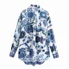 Китайский стиль женщины синие и белые печать рубашки моды дамы поворот вниз воротник топы уличные женские шикарные блузки 210527