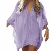 Kvinnors badkläder Beautana baddräkt täcker 2022 Summer Solid V Neck Batwing Sleeve Lace Bohemian Pareo Sexig See Through Vintage Beach Dress