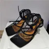 Sandales à talons hauts ajourés en résille pour femmes, bout carré, lanière à cheville en dentelle, chaussures de soirée Sexy, été 2021