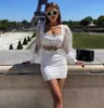 Kadın Giyim Seti Seksi Dantel Puf Tam Kollu Beyaz Iki Parça Örme Parti Ünlü Bandaj Kırpma Üstleri Etekler 210527