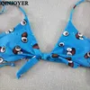 Qinjoyer Sexy Blue Bikini Thong Badpak Dames Braziliaanse Badmode Backless Swim Badpak Coconut Print Set 210621