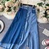 Ins Contrasting Color Stitching Fashion Irregular High Waist A- Line Split Denim Skirt Women Elegant Harajuku M518 210527