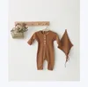Ins Toddler Baby Boys Cbumsy Bawełniane Ribbed Tkaniny Puste Długie Rękawów Przyciski przednie Wzory Okrągły Kołnierz Noworodka Romper One Piece Body Ubrania M3705