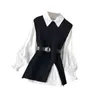 2023 Spring Fall Dames Two -Piece Shirt Shirt Blouse Sets Casual Lantern Sleeve gebreide Vest Suits College Style Tops