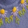 Za Blue Embroided Knitセーター女性TurtleNeck長袖刺繍花ニットトップ女性シックスリム冬用プルオーバー210602