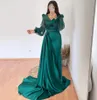 2022 Arabic Sheath Hunter Evening Dresses Wear Sequined Lace Custom Made Sexy V Neck Prom Long Sleeves Robe De Marrige Sweep Train Gowns Beads