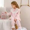 Children's Home Clothes Spring Girls Pajamas Set Long Sleeve Lace Princes 100% Cotton Princess Suit Clothes 210908