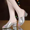 Tofflor 2021 Summer Glitter Mesh Women Sandals Fashion Peep Toe Casual Thick Heel Shoes Slip On Plus Size 35-43