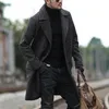 Мужская шерстяная смесь сплошной зимней траншеи пальто Мужская британский стиль повседневная двубортная тепловая куртка с длинным рукавом негабаритный мужской пальто