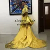 Aso Ebie Arabic Mermaid Prom Dresses 2022 Yellow Stain 3D Floral Applique Sheer O-neck Caftan Dubai luxe Evening Dress Wear