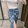 Vintage Print High Waist Long Skirts Summer Textured Thin Knot Front Split Women Pencil Angle Length 210604