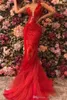 2022 rot Sheer durch Backless Mermaid Prom Kleider Plus Size Spitze Tüll Sonderanfertigte Abendkleider Formale Roben De Soiree DWJ0121