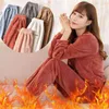 Piżamy Jesień Zima Koral Zastawny 2 Sztuka Ciepłe Zestawy Kobiety Solid Color Kawaii Soft Casual Home Lounge Wear
