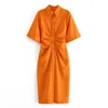 Fashion Women Solid Orange Tunic Dresses Short Sleeve Elegant Ladies Midi Dress Vestidos=