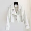 Kvinnor Vintage Svart Läder Jacka Fall Slå ner Collar Single Button Short Faux Coat Ladies Lila Streetwear Outwear 210525