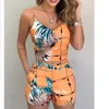 Sommer Frauen Zwei Stücke Set Plus Größe Beiläufige Kurze Overall Frauen Dünne Kurze Sets V-ausschnitt Blumen Druck Strand Tragen Overalls 2021 Y0702