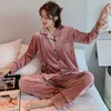 JULY'S SONG Woman Knitted Pajamas Set 2 Pieces Solid Color Velvet Lapel Long Sleeve Trouser Striped Casual Winter Sleepwear 210809