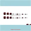 Falska naglar Art Salon Hälsa Beautyfinished Toenails Fake Wine Red Grid Short White Solid Nail Piece J02-08 Drop Leverans 2021 JWPMF