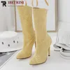 Boots Ribetrini Fashion Party Dress Fretwork Shoes Women Thin High Cheels Mid-Calf Elegant Point