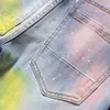 Rozpryskany atrament kolorowe nadruki zgrywanie łatka męskie dżinsy małe proste szczupłe mikro-elastyczne modne spodnie dla mężczyzn Pantalons Pour Hommes