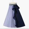 Lanmrem 가을 패션 여성 의류 얇은 스트라이프 탄성 주름 콘트라스트 색상 A 라인 하프 바디 스커트 WG19005 210730