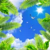 Anpassad tapet 3D väggmålning Vacker blå himmel Vita moln Kokosnöt Träd Sea Bird Sun Tak