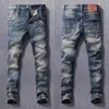 Włoski Styl Moda Mężczyźni Dżinsy Wysokiej Jakości Retro Dark Blue Elastyczna Szczupła Ripped Vintage Designer Casual Denim Spodnie A8HI